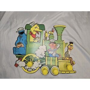 Vtg Sesame Street Pressed Wood Wall Hanging Decor‎ Muppets Train W Hang Posts
